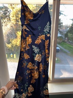 Here Comes The Sun Floral Navy Slip Dress with Mustard Blooms with front slit